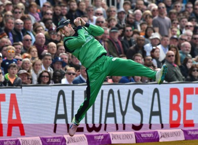 George Dockrell saves three runs by stopping Jonny Bairstow's strike going for a six.