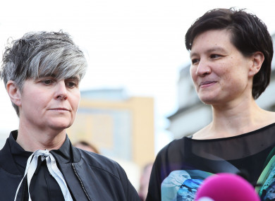 Civil partners Grainne Close and Shannon Sickles outside the High Court in Belfast.