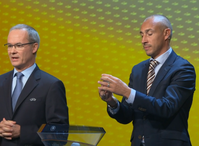 Celtic legend Henrik Larsson and Uefa's Giorgio Marchetti during the draw.