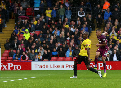 Manchester City's Gabriel Jesus scores his side's third goal during the Premier League match at Vicarage Road.