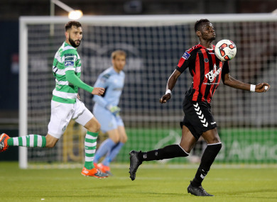 Akinade facing Shamrock Rovers in the red and black of Bohs.