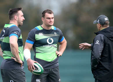 Jack Conan and Rhys Ruddock with Joe Schmidt during Tuesday's session.