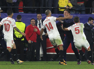 Berizzo celebrates his players after their late equaliser last night.