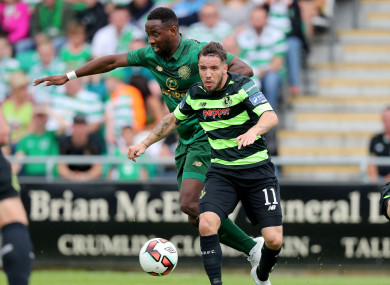 Darren Meenan tangling with Moussa Dembele while playing for Shamrock Rovers in a friendly against Celtic last July.