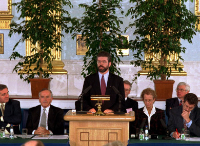 Sinn Féin President Gerry Adams addresses the Forum for Peace and Reconciliation in Dublin Castle,1994.