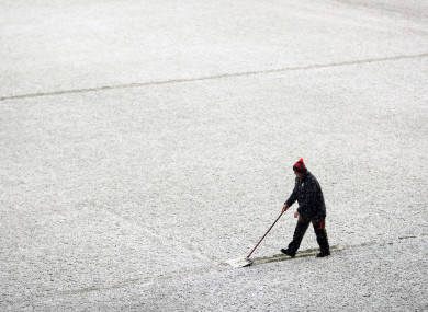 Groundsmen clear the lines before the European Rugby Champions Cup, Pool Four match at Welford Road, Leicester.