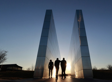People walk through the Empty Sky 9/11 memorial in Liberty State Park.