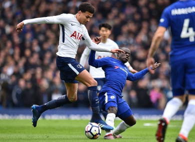 N'Golo Kante tackles Tottenham goalscorer Dele Alli.