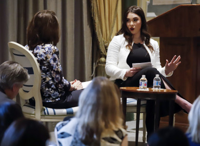 Olympic gold medal gymnast McKayla Maroney, right, a sexual abuse victim of US women's gymnastics team doctor Larry Nassar, speaks at a recent event.