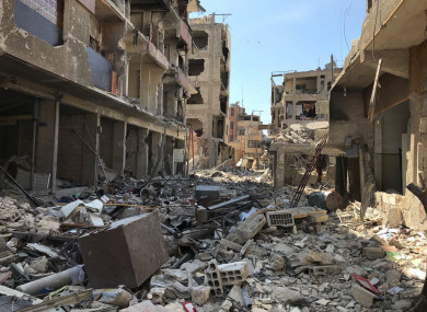 Rubble fills a street in Douma, the site of a suspected chemical weapons attack, near Damascus, Syria.