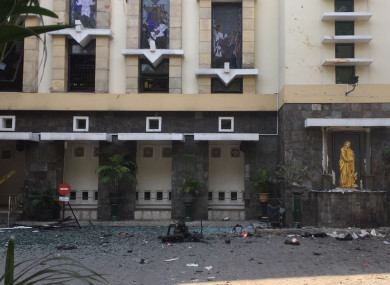 Debris outside the church where one of the bombs was exploded