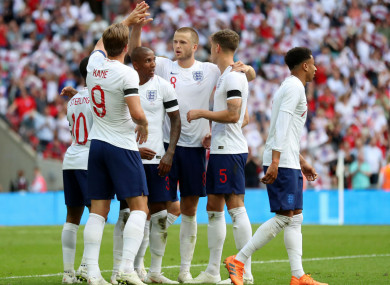 England celebrate Harry Kane's goal against Nigeria.