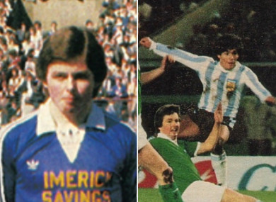 Nolan pictured before the 1982 FAI Cup final and in action against Maradona.