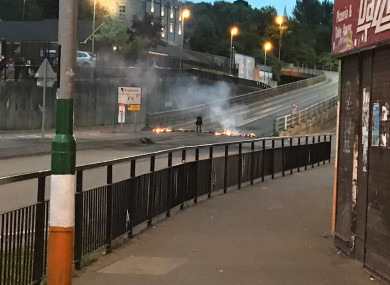 A fire which was started at the bottom of the flyover in the Bogside area of Derry.