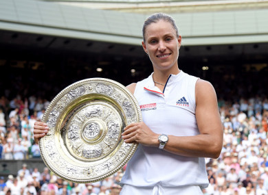 Angelique Kerber poses with The Venus Rosewater Dish on Saturday.