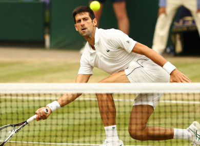Novak Djokovic volleys at the net during his Wimbledon semi-final.