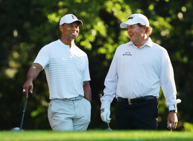 Tiger Woods and Phil Mickelson during a practice round at Augusta earlier this year.
