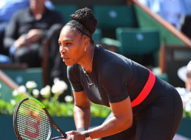 Serena Williams playing in the first round of the French Tennis Open 2018.