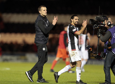 St Mirren manager Oran Kearney (left) and Ryan Edwards gesture to supporters.