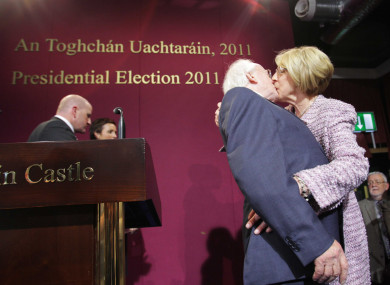 Michael D Higgins kisses his wife Sabina upon his election as President in 2011.