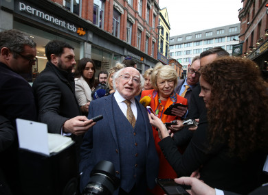 Michael D Higgins with his wife Sabina speaking to the media whilst on his campaign trail on Grafton Street this afternoon.