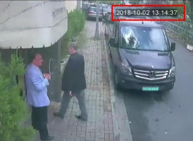 A still image from a security camera claims to show Jamal Khashoggi arriving at Saudi Arabia’s consulate in Istanbul.