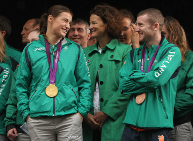 File photo; Katie Taylor and Paddy Barnes wearing their gold and bronze boxing medals after the 2012 Olympics.
