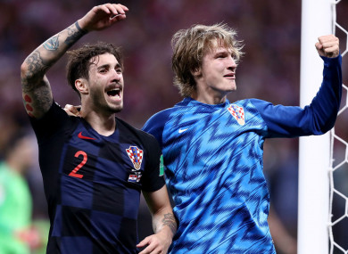 Sime Vrsaljko and Tin Jedvaj celebrate for Croatia