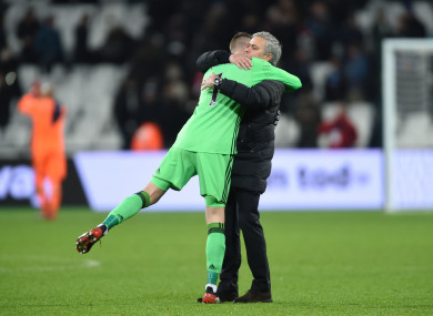 David de Gea and Jose Mourinho embrace after Manchester United's game against West Ham in January.