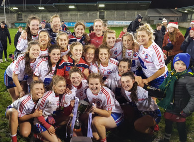 Clontarf players celebrate after full-time at Parnell Park on Saturday.