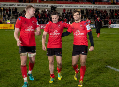 Kieran Treadwell, John Cooney and Louis Ludik celebrate the win over the Scarlets.