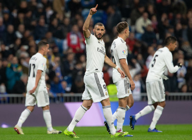 Karim Benzema celebrates the only goal of the game at the Santiago Bernabeu.