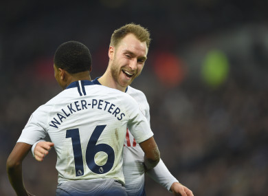 Tottenham Hotspur's Kyle Walker-Peters nd Tottenham Hotspur's Christian Eriksen celebrate the third goal.