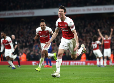 Arsenal's Laurent Koscielny celebrates scoring his side's second goal of the game.