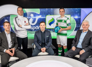 Dundalk coach Vinny Perth and Rovers' Aaron McEneff (standing) join Shane Supple, Conor Morris and Con Murphy at today's eir Sport announcement.