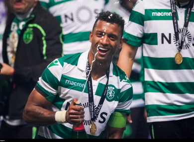 Nani celebrates winning the League Cup with Sporting last month.