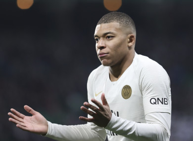 PSG forward Kylian Mbappe reacts during the Ligue 1 match with Saint-Etienne.