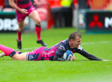 Braley scoring a try for Gloucester in the Champions Cup earlier this season.