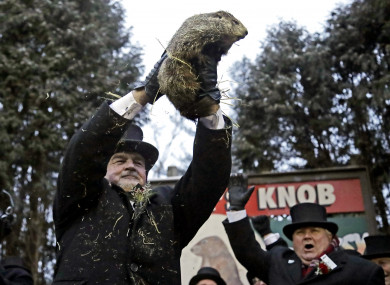 Groundhog Club co-handler John Griffiths, left, holds Punxsutawney Phil