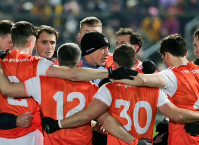 Kieran McGeeney with his Armagh players before last month's Dr McKenna Cup final.