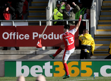 Rotherham United's Richie Towell kicks the corner flag after scoring.