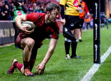 Munster's Darren Sweetnam after touching down for a try.