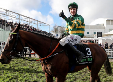 Mark Walsh on Espoir D'Allen celebrates winning the Champions Hurdle last week.