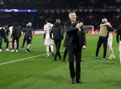 Ole Gunnar Solskjaer celebrates after Manchester United's comeback win in Paris.
