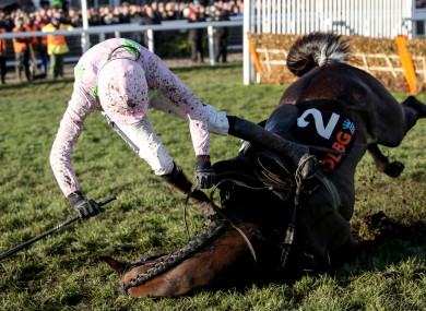 Rugby Walsh falls off Benie Des Dieux during the fifth race of the day.