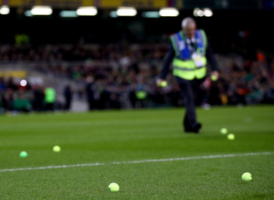 Tennis balls on the Aviva Stadium pitch during the Euro 2020 qualifier between Republic of Ireland and Georgia.