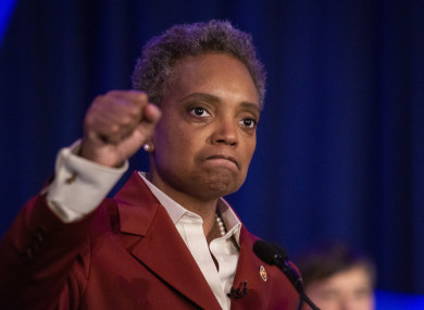 Lightfoot celebrates at her election night rally at the Hilton Chicago after defeating Toni Preckwinkle, 2 April 2019.