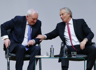 Former taoiseach Bertie Ahern and former Prime Minister Tony Blair at an event to mark the 20th anniversary of the Good Friday Agreement, at Queen's University in Belfast.