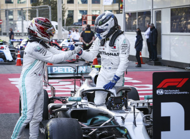 Lewis Hamilton congratulates Valtteri Bottas.