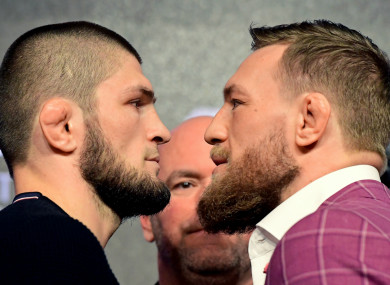 Khabib Nurmagomedov facing off with Conor McGregor ahead of their bout last October at UFC 229 in Las Vegas.